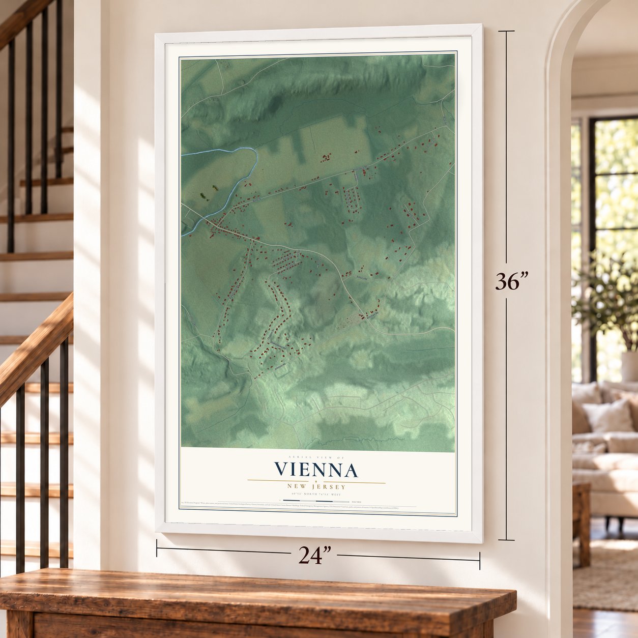 Vienna, New Jersey map, 24 x 36 inch print in a white frame by a staircase