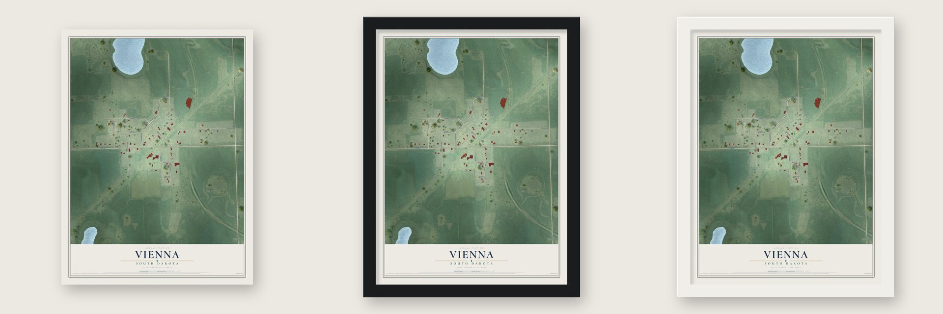 Vienna, South Dakota map unframed, in a black wood frame and in a white wood frame