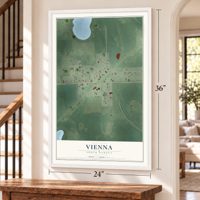 Vienna, South Dakota map, 24 x 36 inch print in a white frame by a staircase