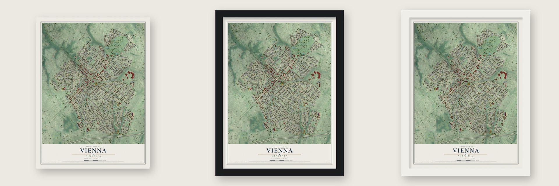 Vienna, Virginia map unframed, in a black wood frame and in a white wood frame