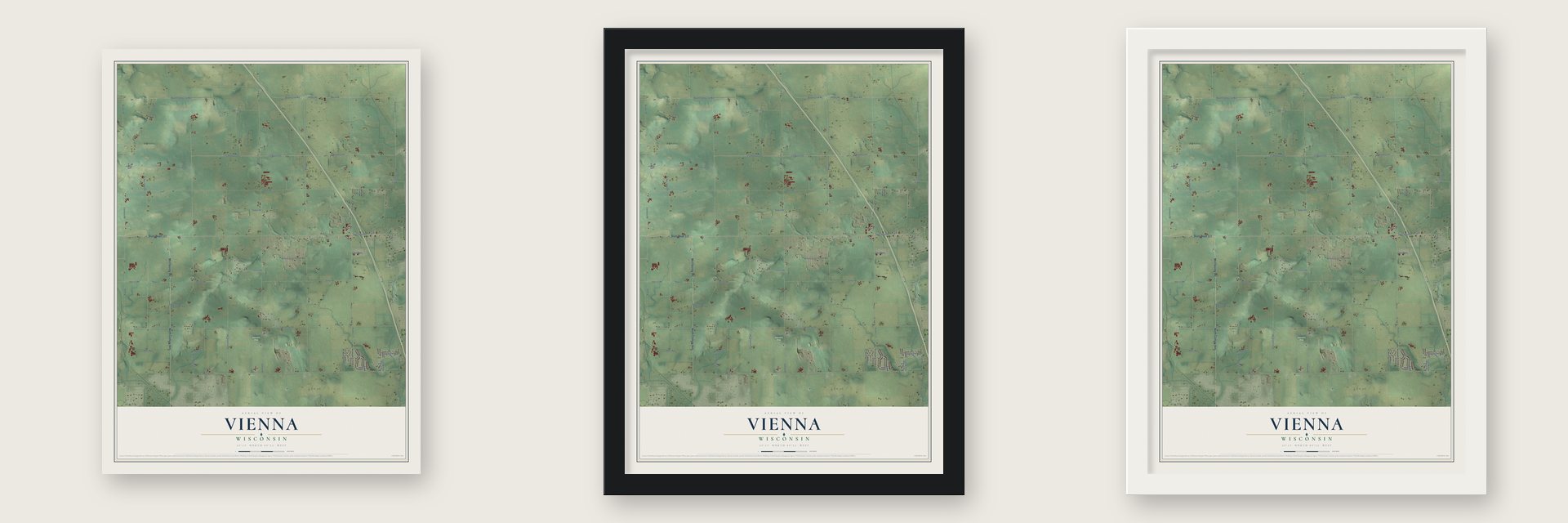 Vienna, Wisconsin map unframed, in a black wood frame and in a white wood frame