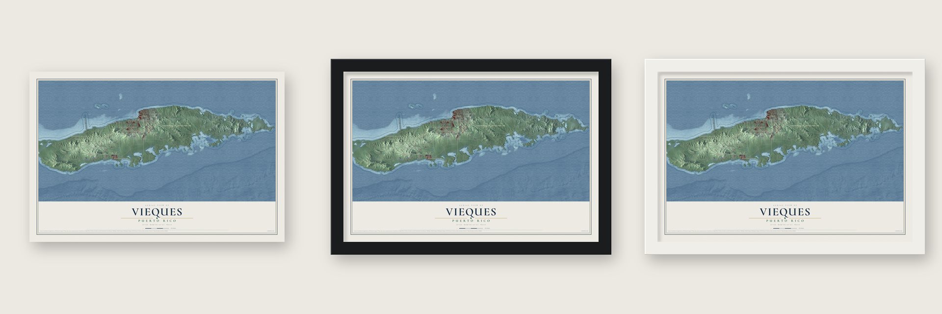 Vieques, Puerto Rico map unframed, in a black wood frame and in a white wood frame