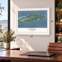 Vieques, Puerto Rico map, 18 x 24 inch print in a white frame in a home office