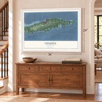 Vieques, Puerto Rico map, 24 x 36 inch print in a white frame above a dresser by a staircase