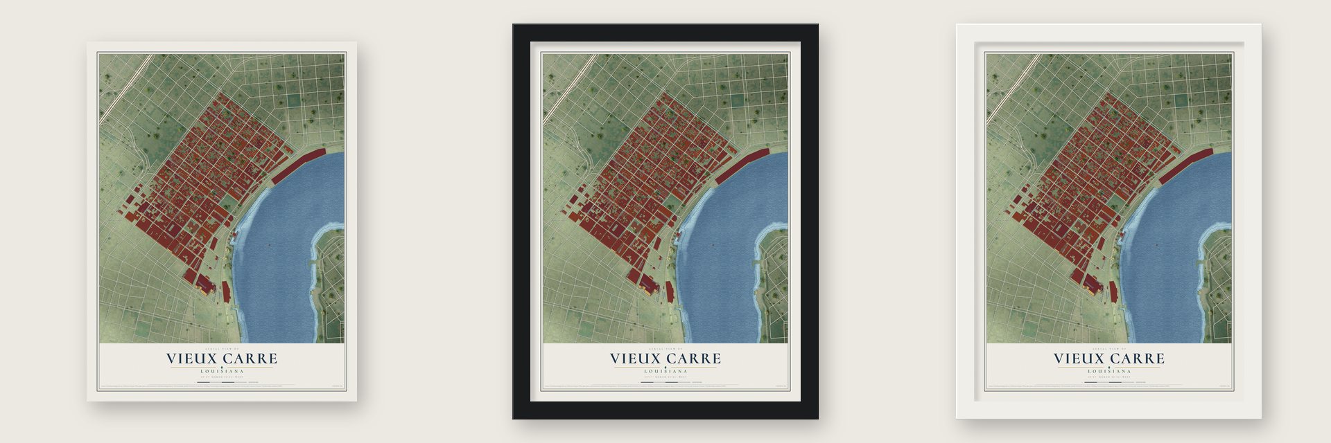 Vieux Carre, Louisiana map unframed, in a black wood frame and in a white wood frame