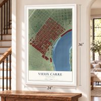 Vieux Carre, Louisiana map, 24 x 36 inch print in a white frame by a staircase