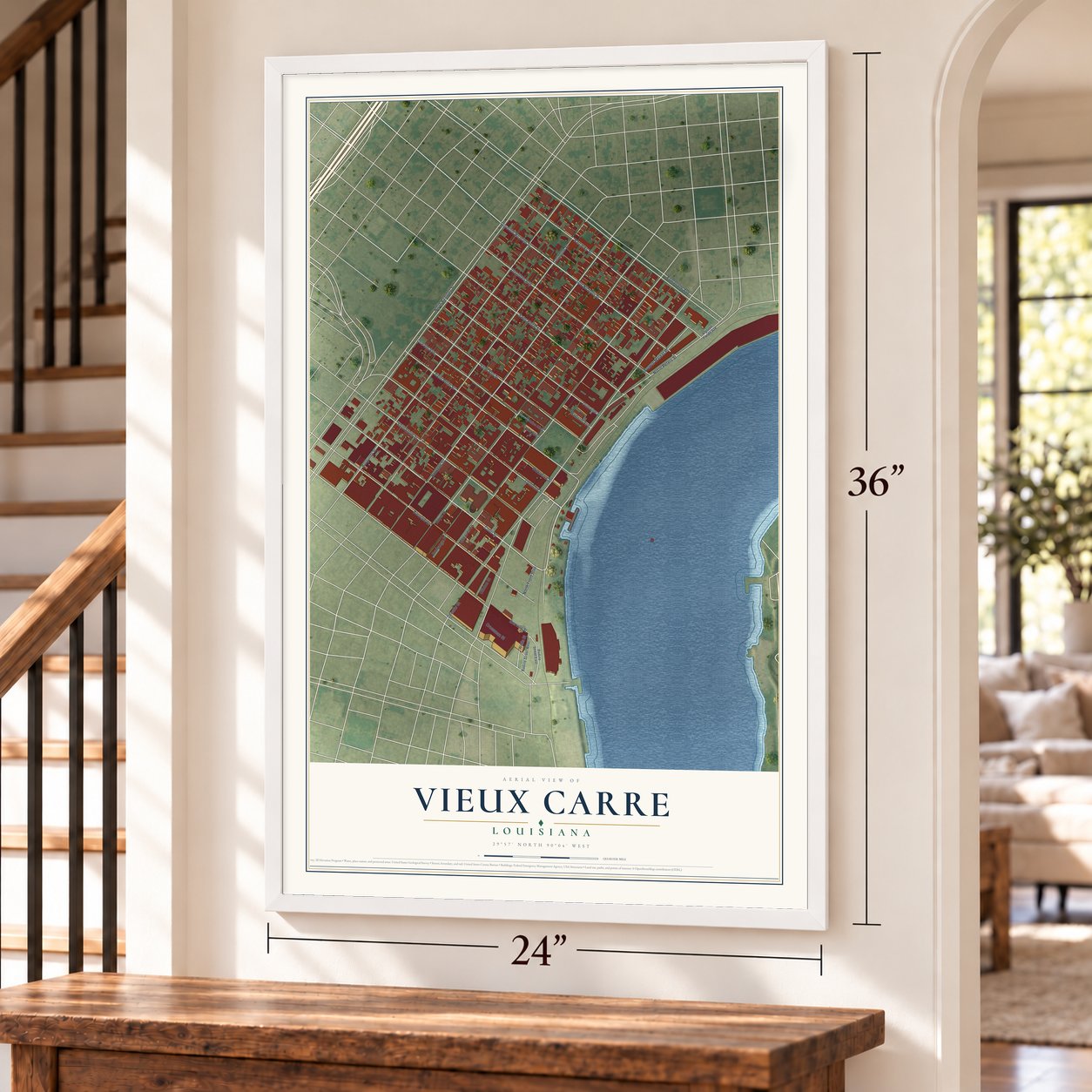 Vieux Carre, Louisiana map, 24 x 36 inch print in a white frame by a staircase