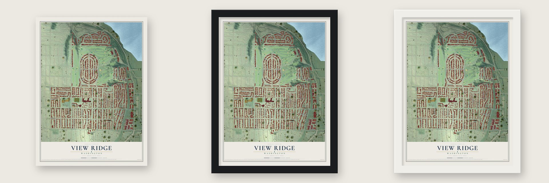 View Ridge, Washington map unframed, in a black wood frame and in a white wood frame
