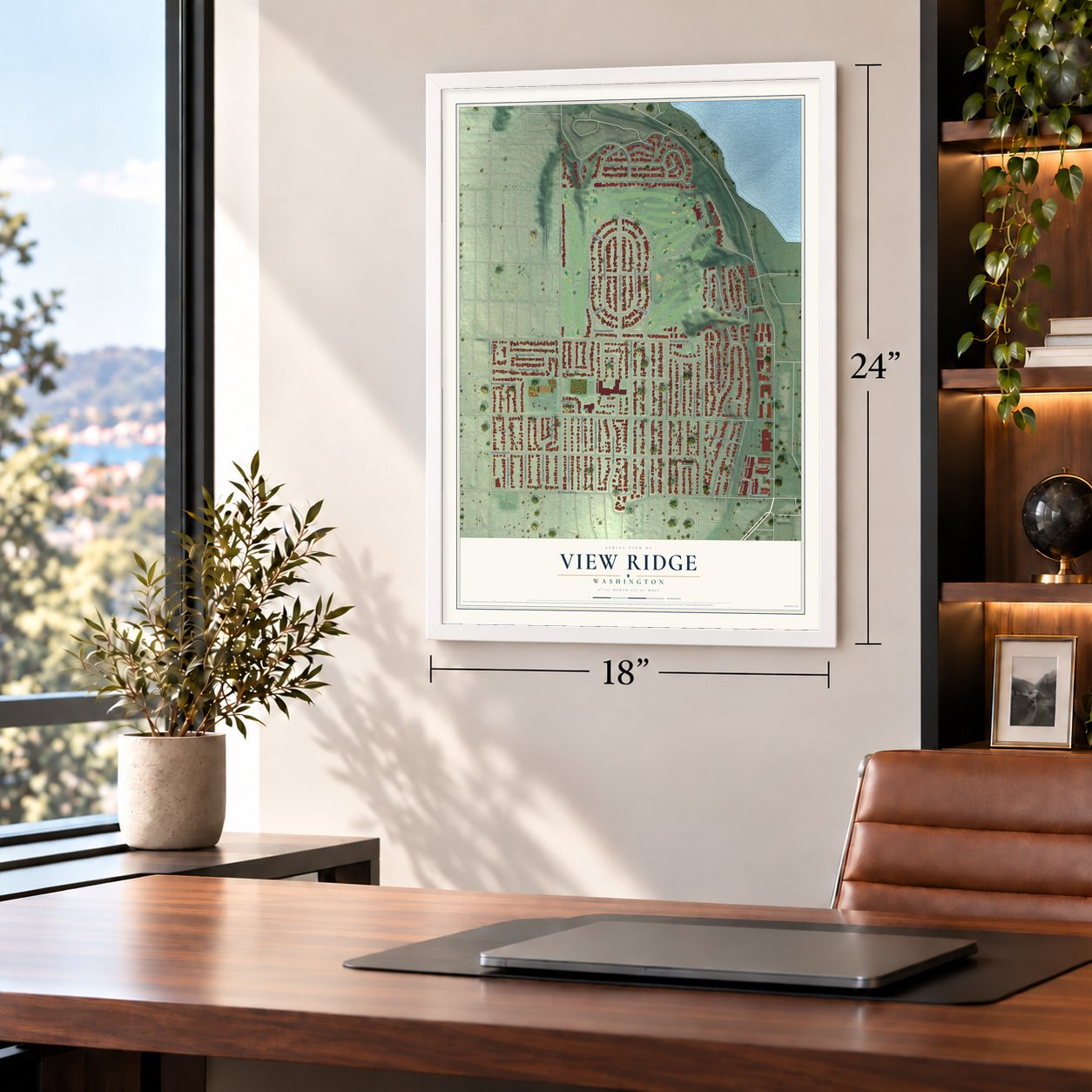 View Ridge, Washington map, 18 x 24 inch print in a white frame in a home office