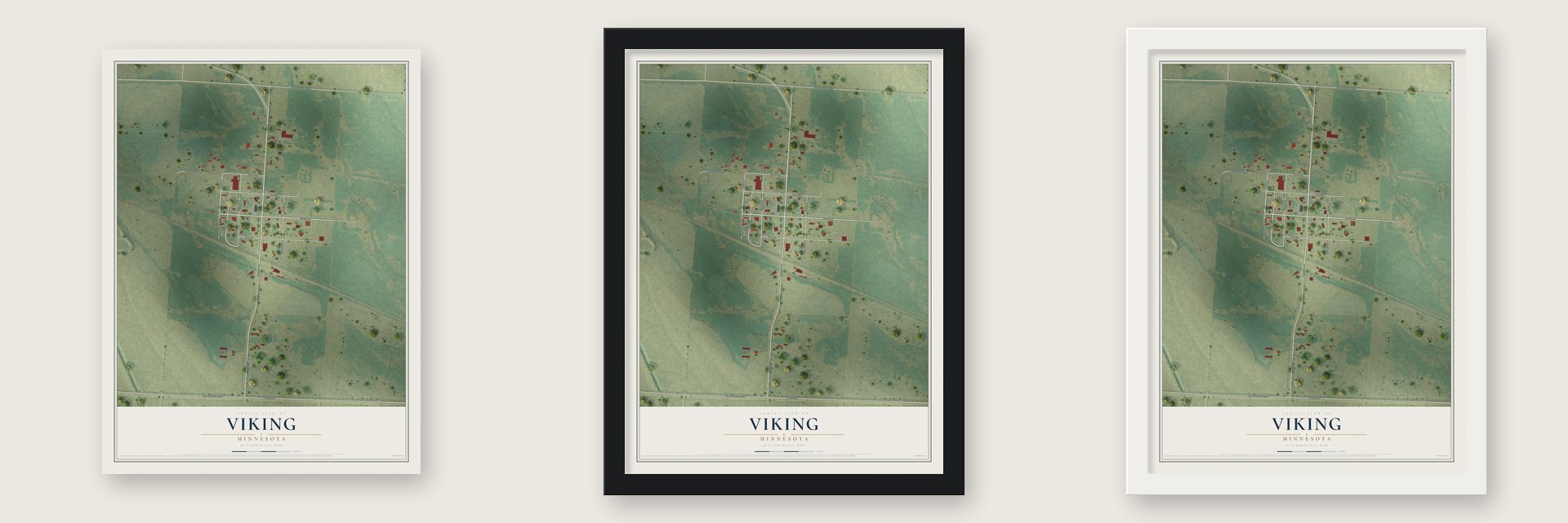 Viking, Minnesota map unframed, in a black wood frame and in a white wood frame