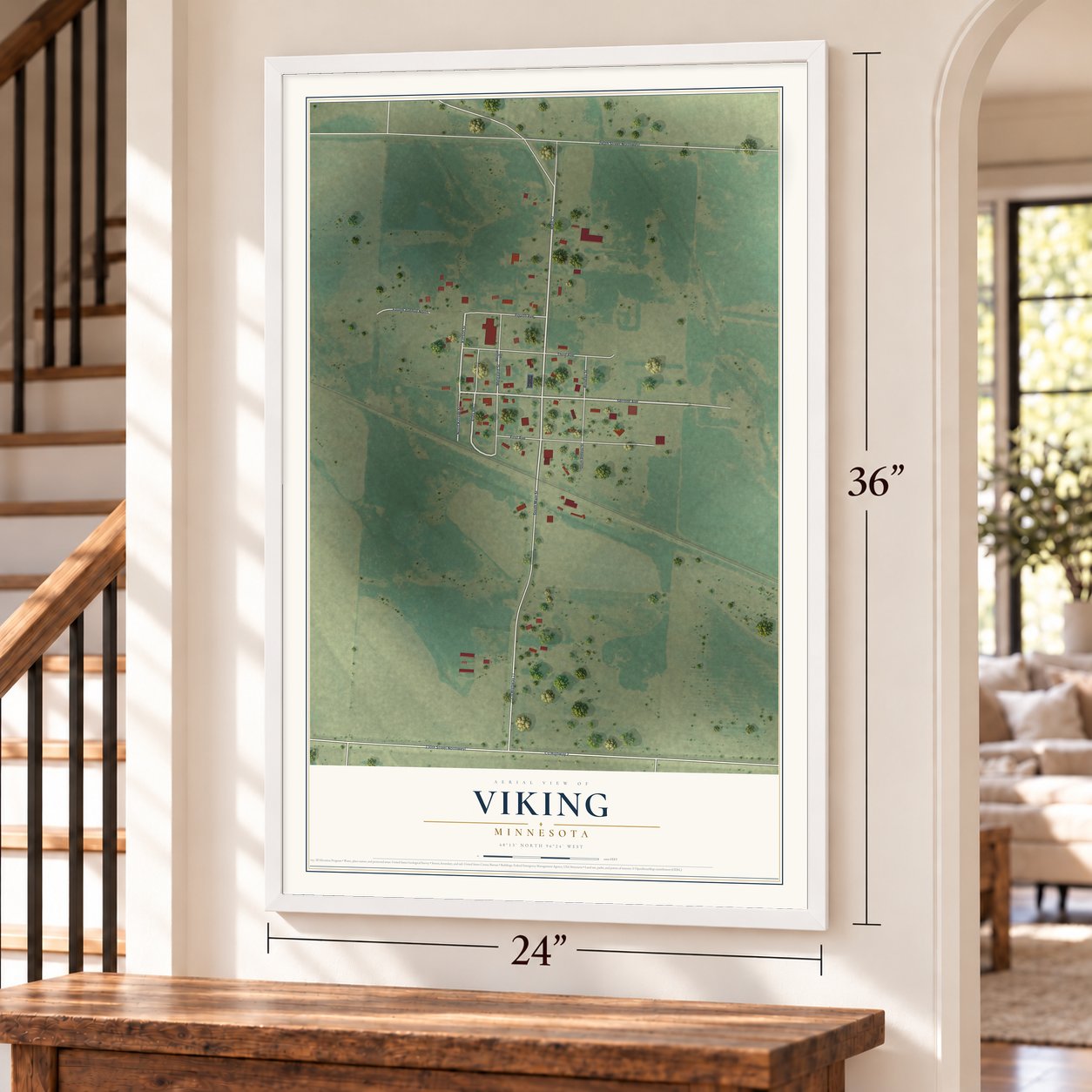 Viking, Minnesota map, 24 x 36 inch print in a white frame by a staircase