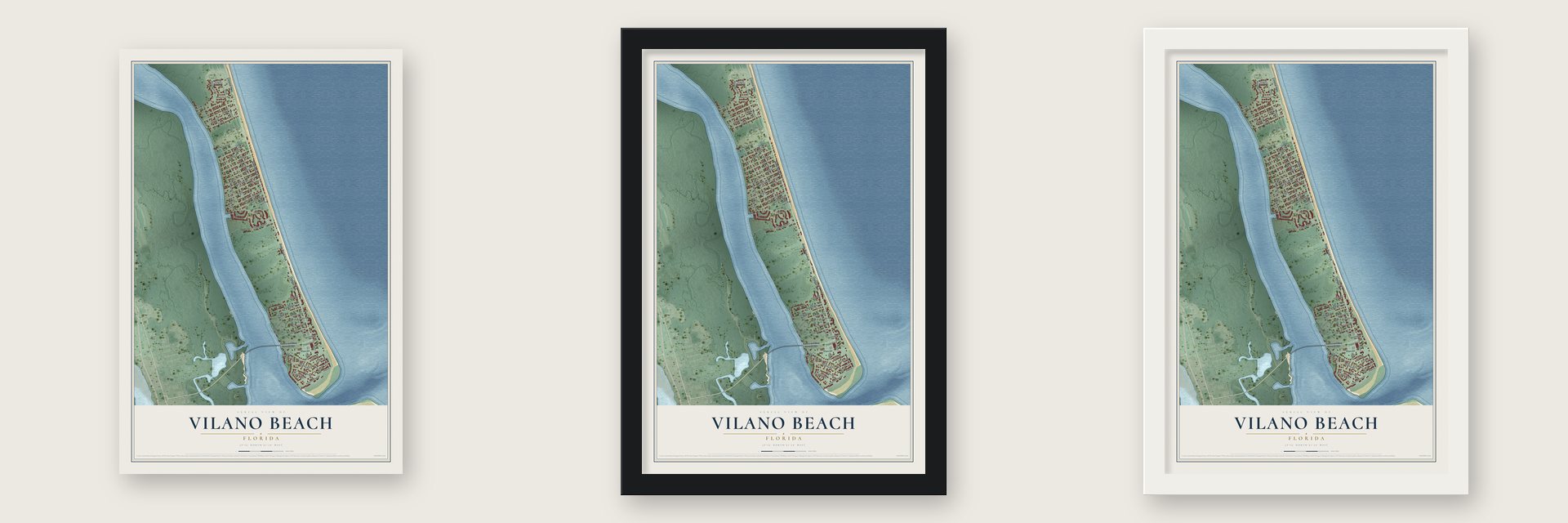 Vilano Beach, Florida map unframed, in a black wood frame and in a white wood frame