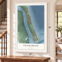 Vilano Beach, Florida map, 24 x 36 inch print in a white frame by a staircase