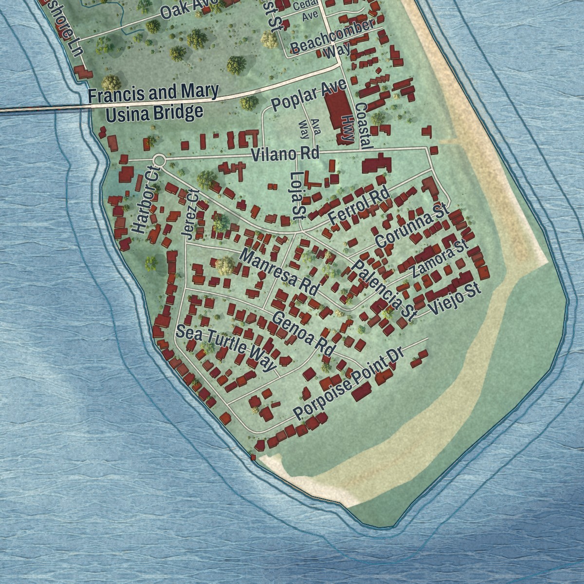 Second close-up of the map of Vilano Beach, Florida print showing more streets and buildings