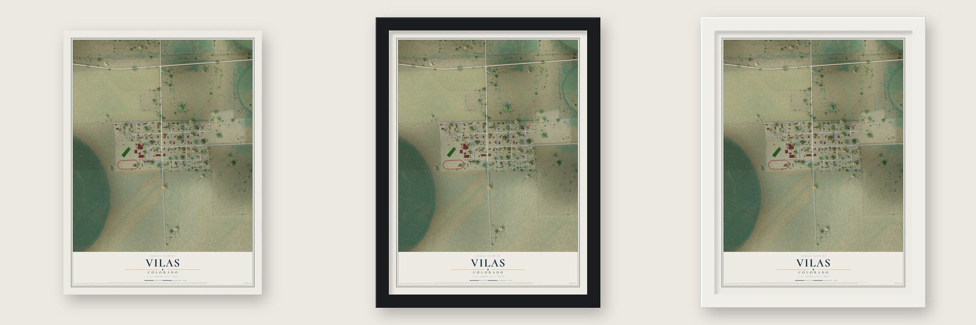 Vilas, Colorado map unframed, in a black wood frame and in a white wood frame
