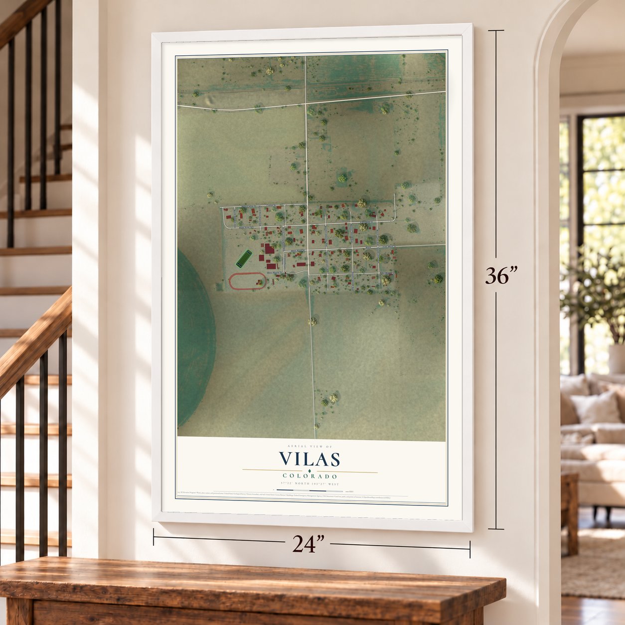 Vilas, Colorado map, 24 x 36 inch print in a white frame by a staircase