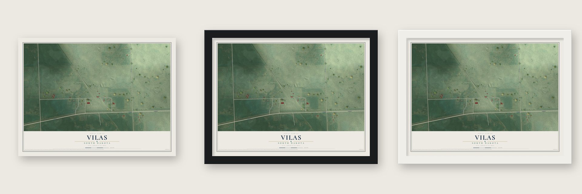 Vilas, South Dakota map unframed, in a black wood frame and in a white wood frame