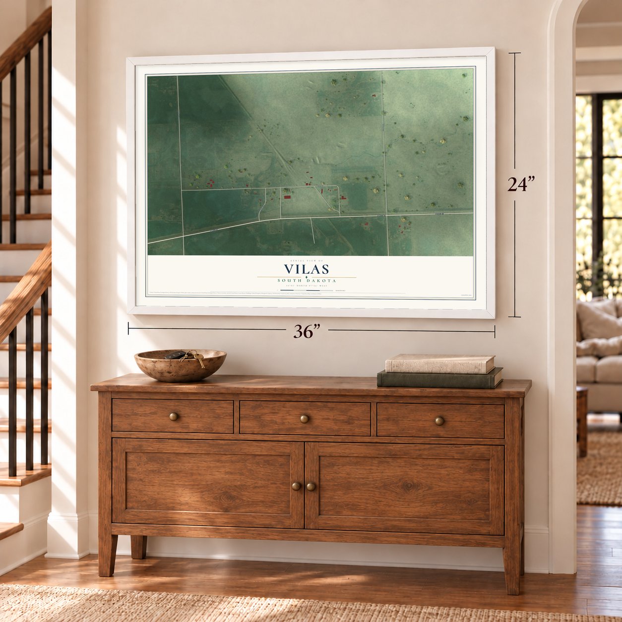 Vilas, South Dakota map, 24 x 36 inch print in a white frame above a dresser by a staircase