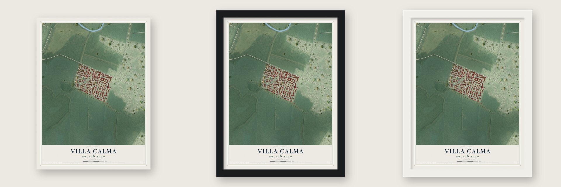 Villa Calma, Puerto Rico map unframed, in a black wood frame and in a white wood frame