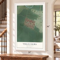 Villa Calma, Puerto Rico map, 24 x 36 inch print in a white frame by a staircase