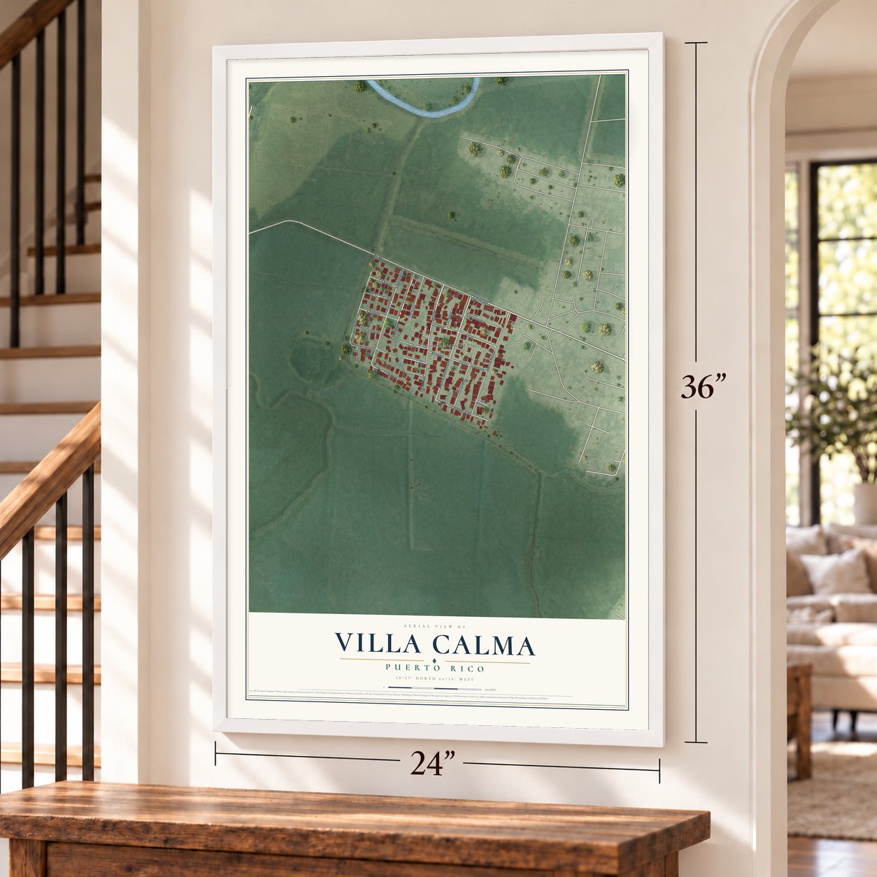 Villa Calma, Puerto Rico map, 24 x 36 inch print in a white frame by a staircase