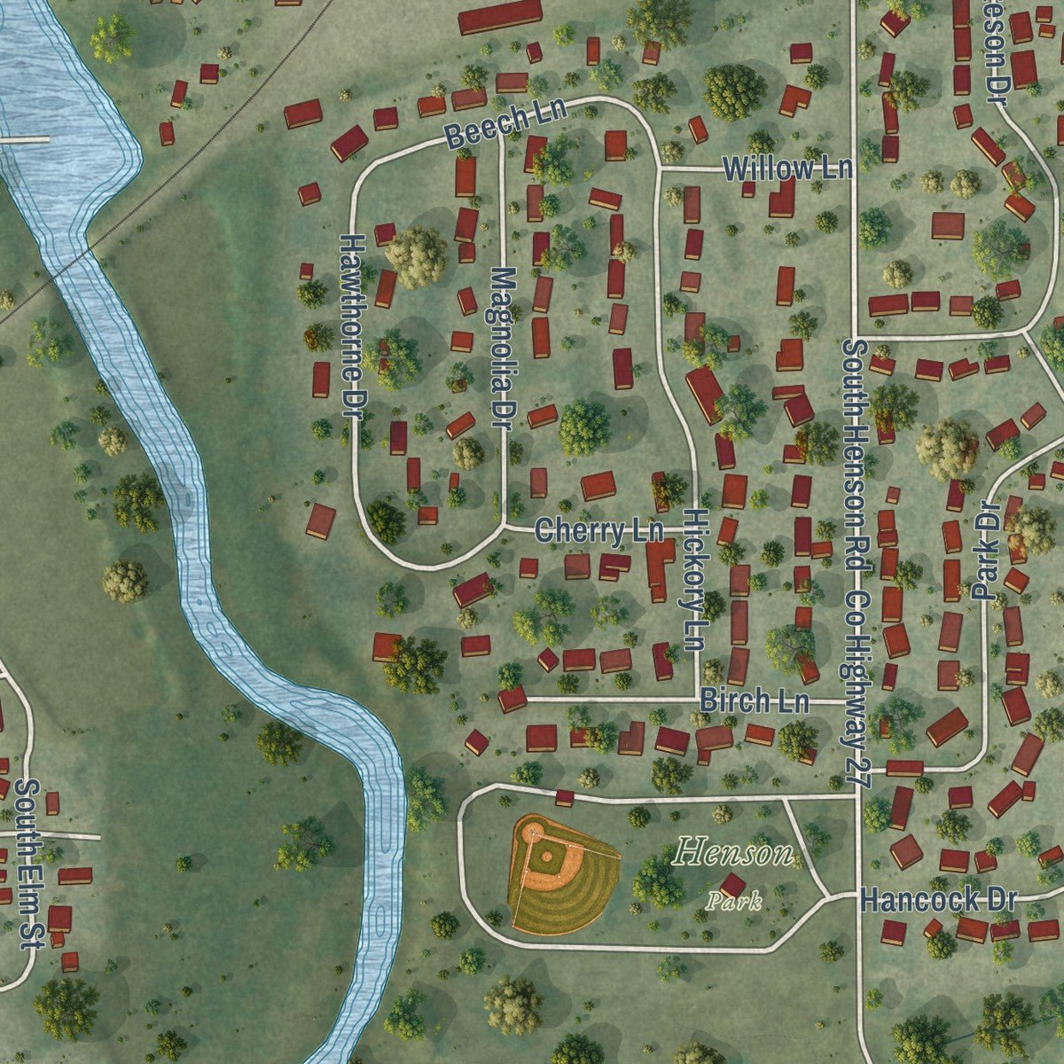 Second close-up of the map of Villa Grove, Illinois print showing more streets and buildings