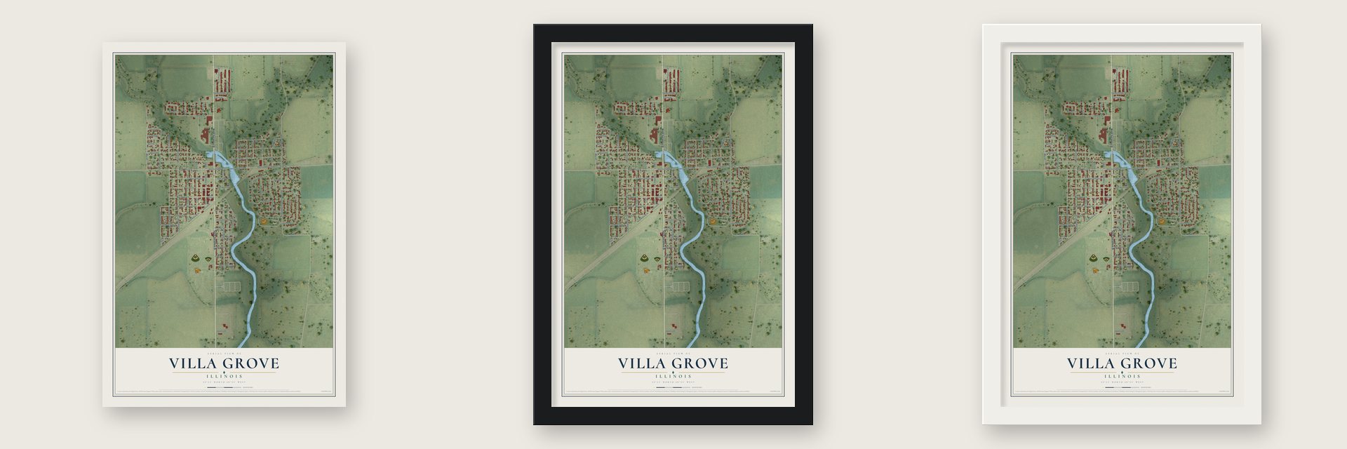 Villa Grove, Illinois map unframed, in a black wood frame and in a white wood frame