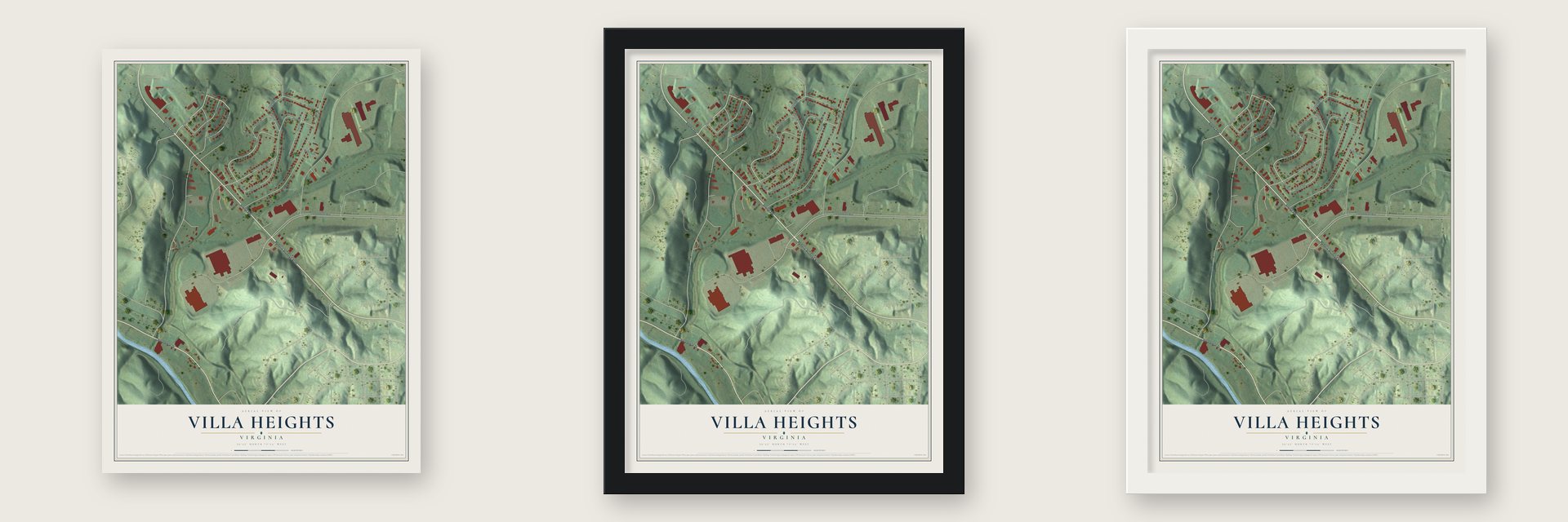 Villa Heights, Virginia map unframed, in a black wood frame and in a white wood frame