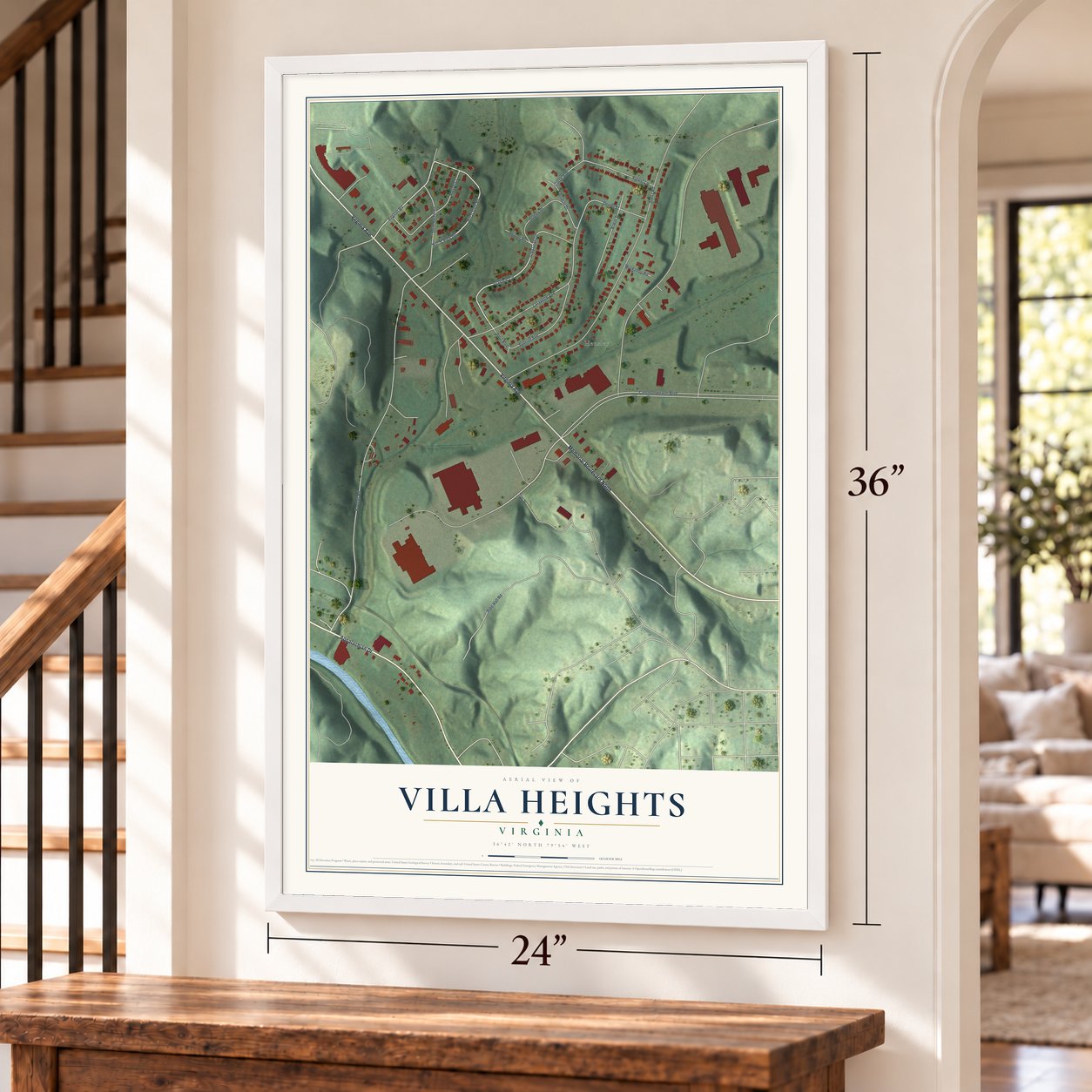 Villa Heights, Virginia map, 24 x 36 inch print in a white frame by a staircase