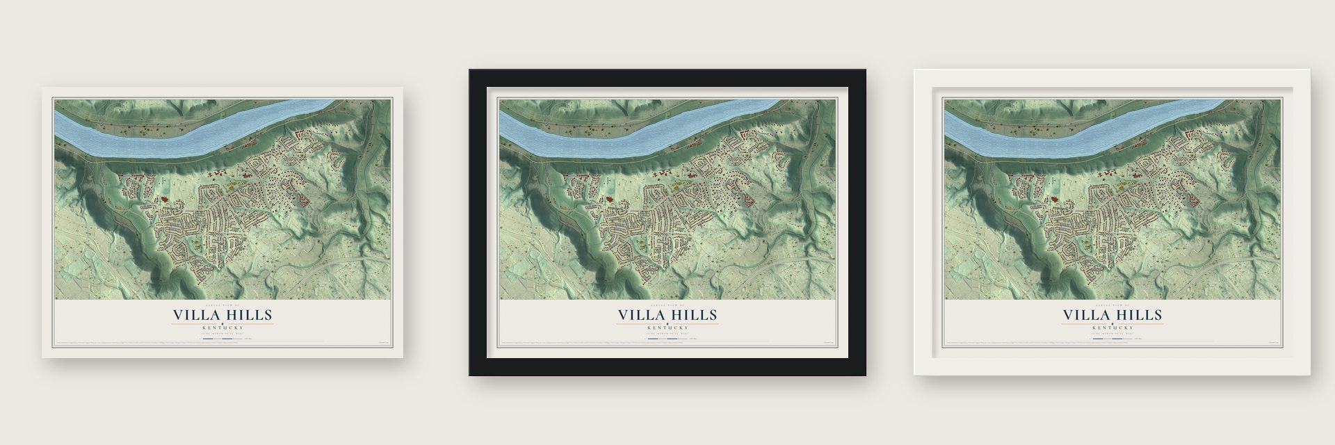 Villa Hills, Kentucky map unframed, in a black wood frame and in a white wood frame