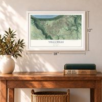 Villa Hills, Kentucky map, 12 x 18 inch print in a white frame in an entryway