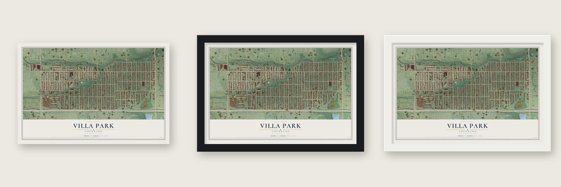 Villa Park, Colorado map unframed, in a black wood frame and in a white wood frame