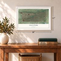 Villa Park, Colorado map, 12 x 18 inch print in a white frame in an entryway