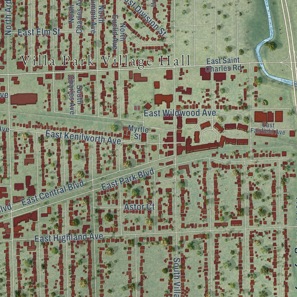 Second close-up of the map of Villa Park, Illinois print showing more streets and buildings