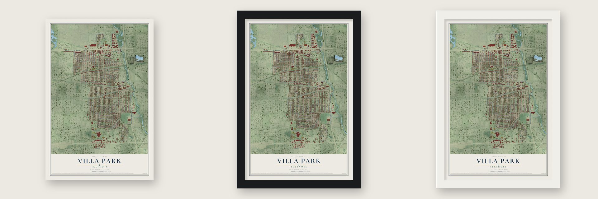 Villa Park, Illinois map unframed, in a black wood frame and in a white wood frame