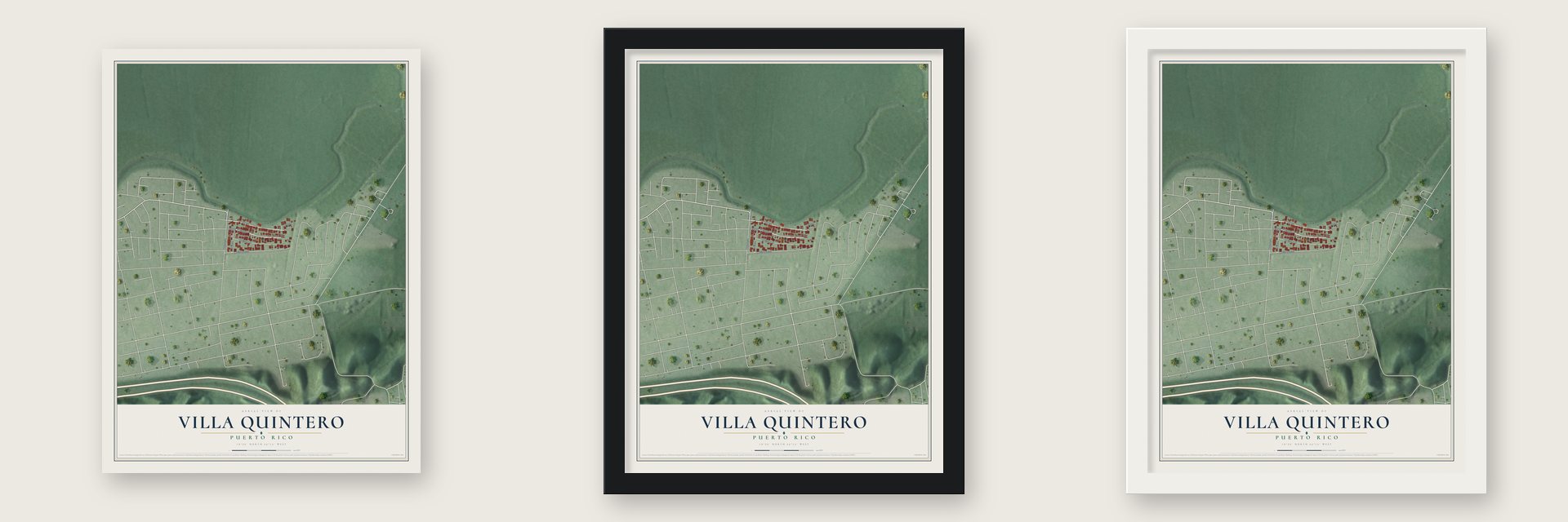Villa Quintero, Puerto Rico map unframed, in a black wood frame and in a white wood frame