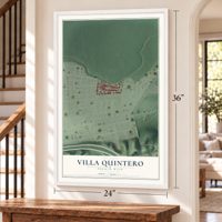 Villa Quintero, Puerto Rico map, 24 x 36 inch print in a white frame by a staircase