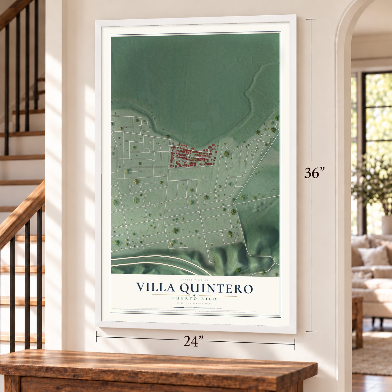 Villa Quintero, Puerto Rico map, 24 x 36 inch print in a white frame by a staircase