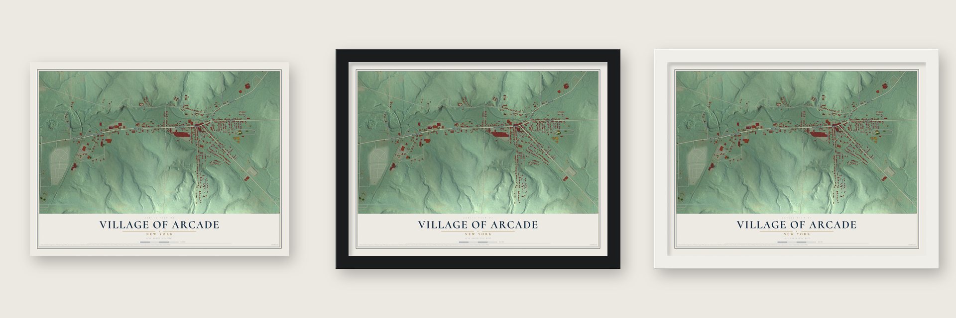Village of Arcade, New York map unframed, in a black wood frame and in a white wood frame