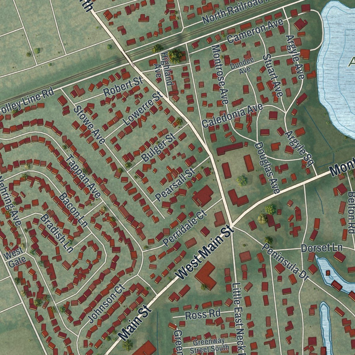 Second close-up of the map of the Village of Babylon, New York print showing more streets and buildings