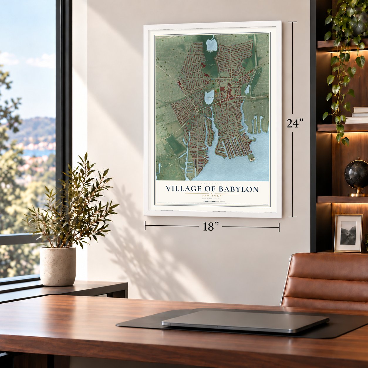 Village of Babylon, New York map, 18 x 24 inch print in a white frame in a home office