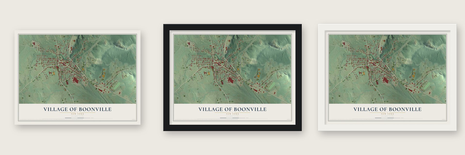 Village of Boonville, New York map unframed, in a black wood frame and in a white wood frame