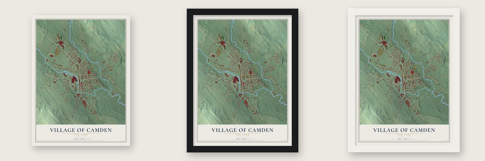 Village of Camden, New York map unframed, in a black wood frame and in a white wood frame