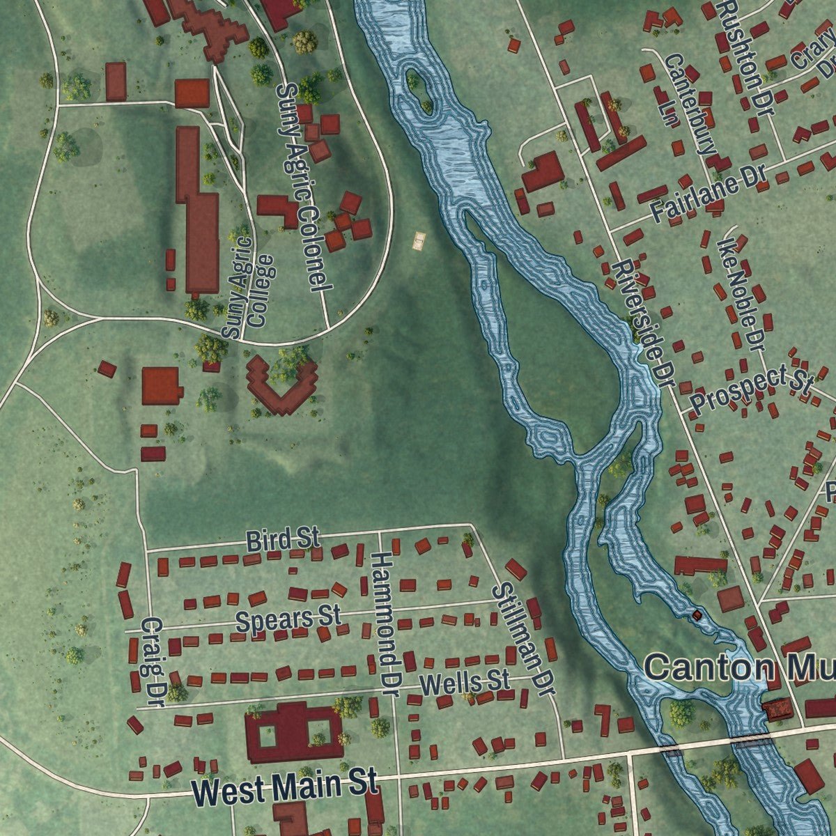 Second close-up of the map of the Village of Canton, New York print showing more streets and buildings