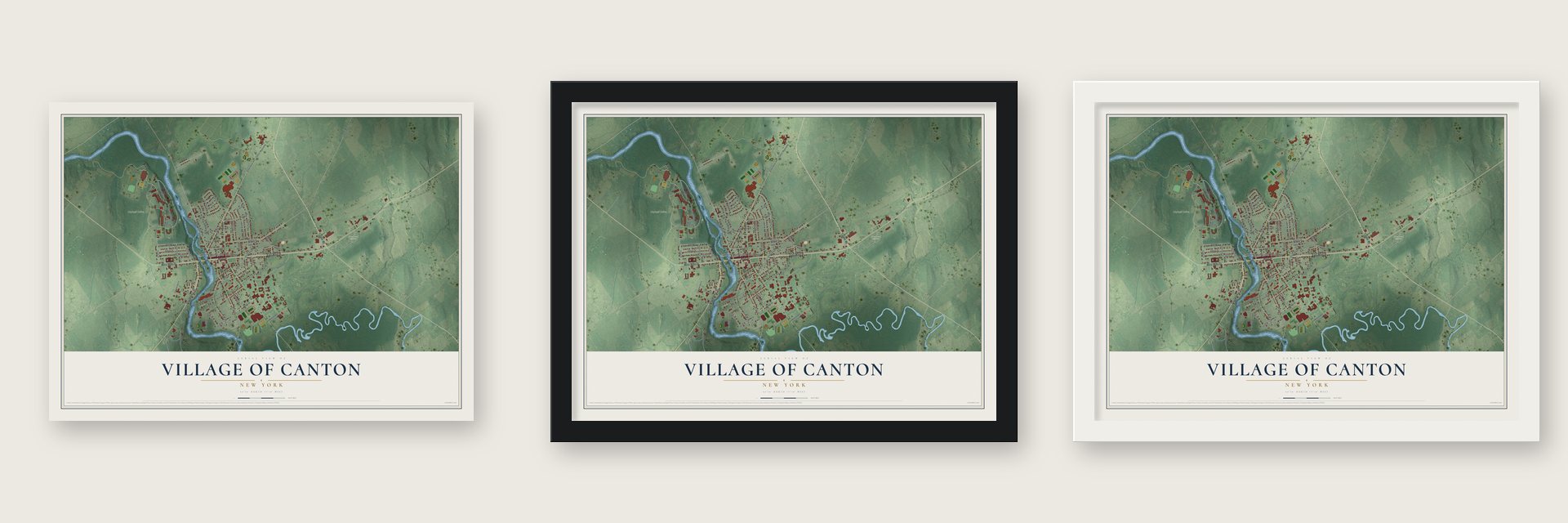 Village of Canton, New York map unframed, in a black wood frame and in a white wood frame