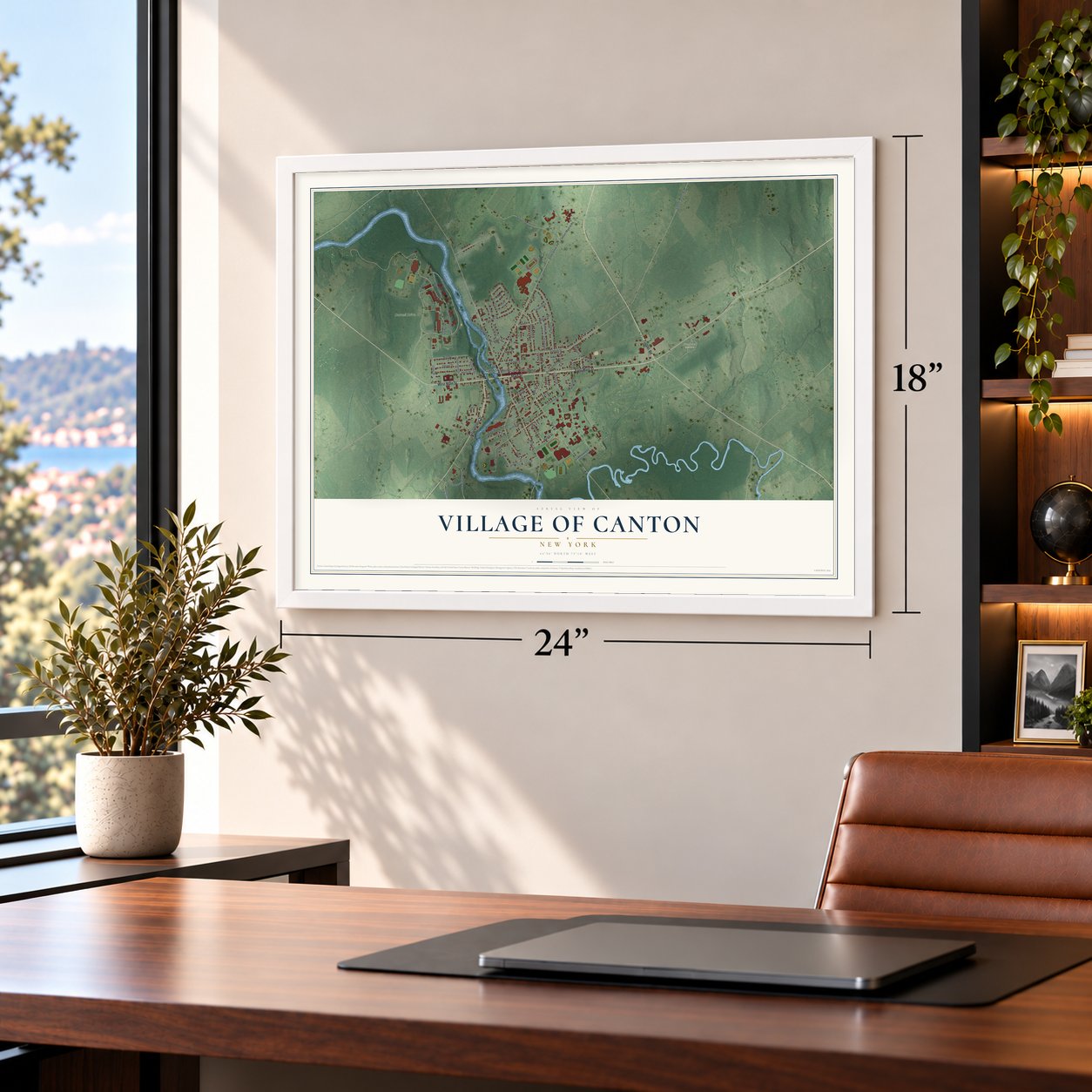 Village of Canton, New York map, 18 x 24 inch print in a white frame in a home office