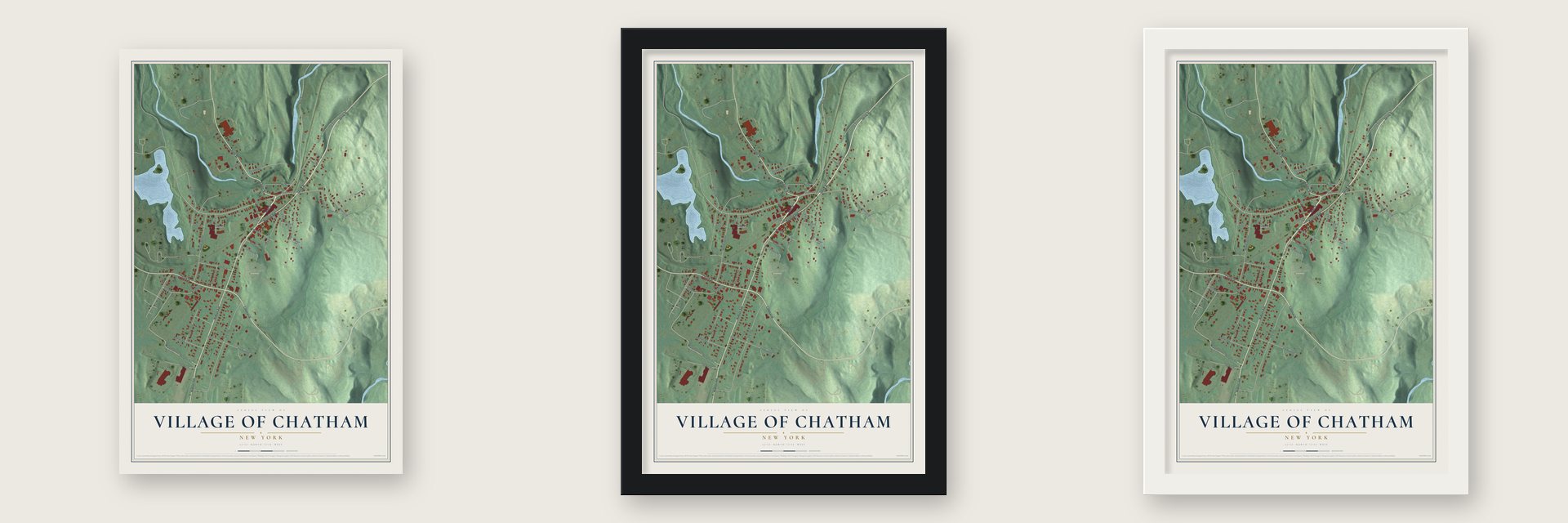 Village of Chatham, New York map unframed, in a black wood frame and in a white wood frame