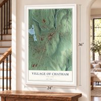 Village of Chatham, New York map, 24 x 36 inch print in a white frame by a staircase