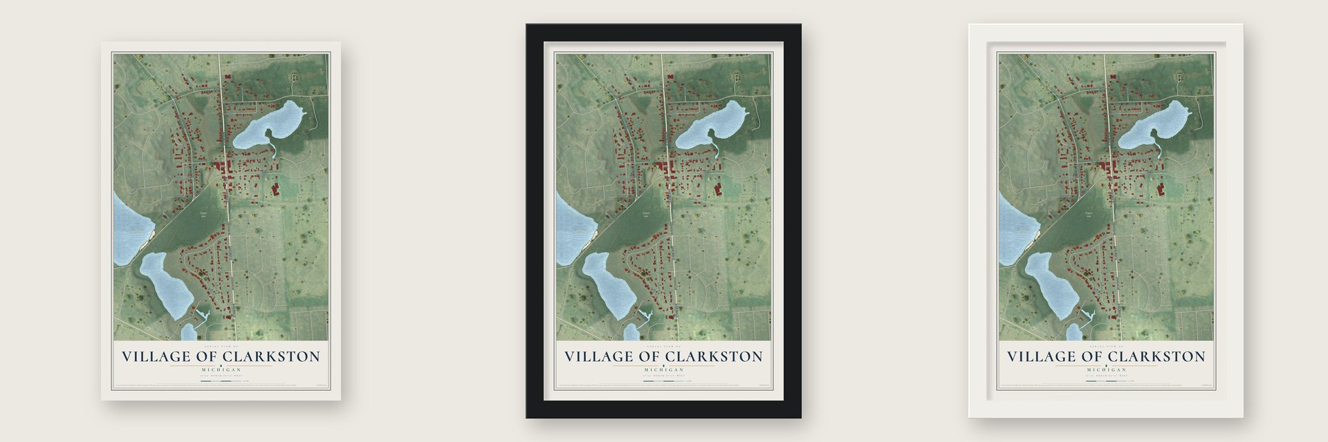Village of Clarkston, Michigan map unframed, in a black wood frame and in a white wood frame