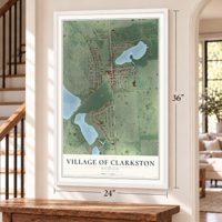 Village of Clarkston, Michigan map, 24 x 36 inch print in a white frame by a staircase